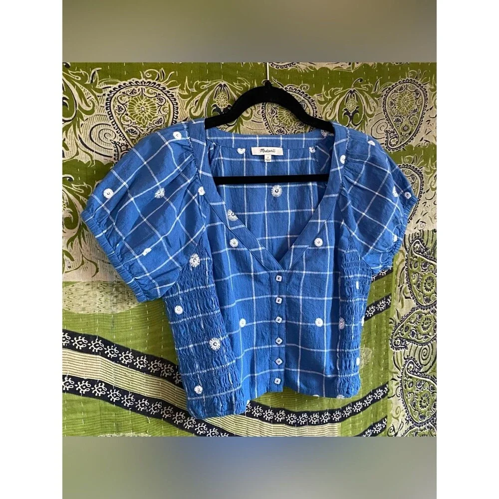Madewell Hermitage Blue Embroidered Puff Sleeve Window Pane Crop Top 2